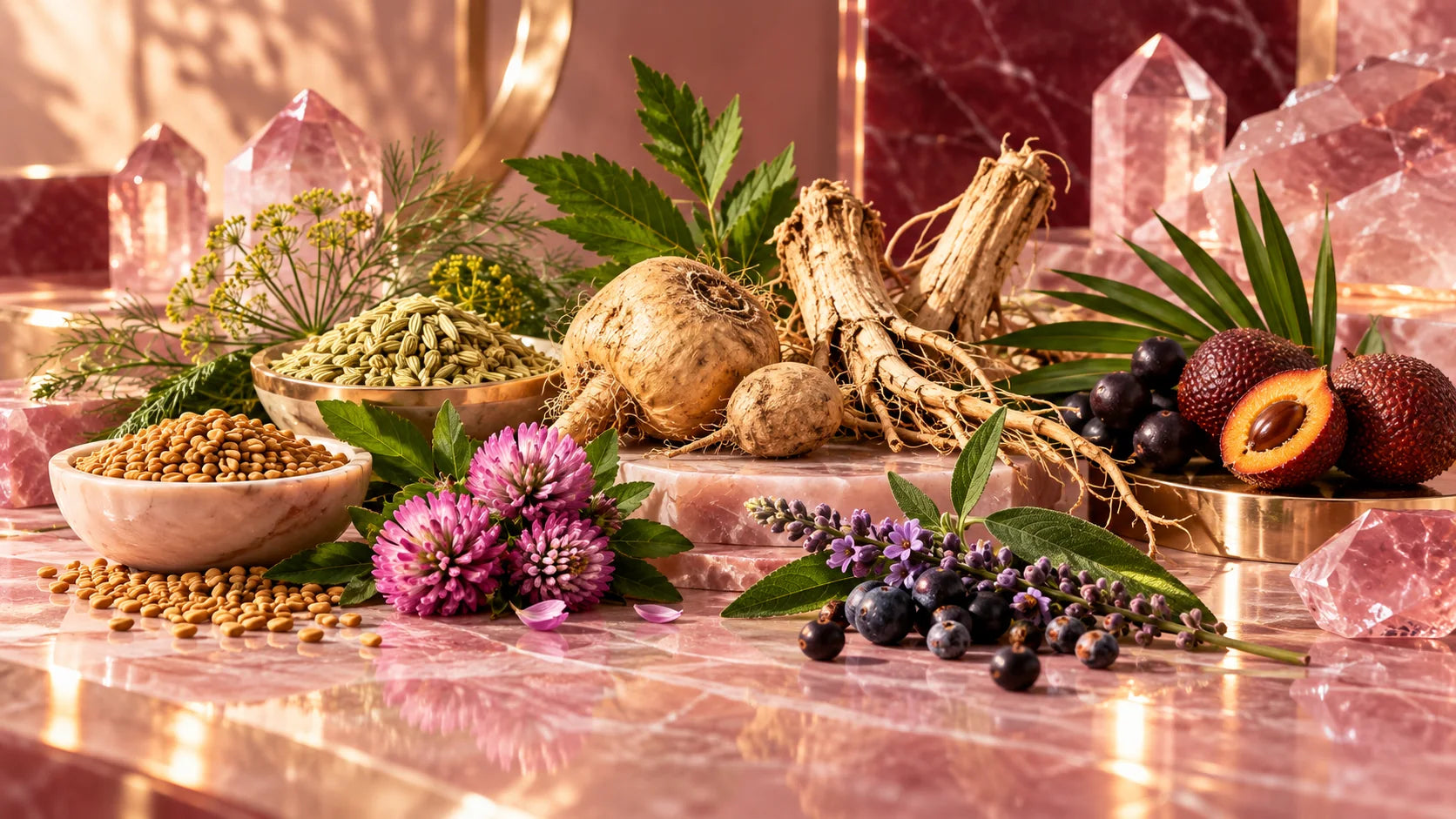 Fenugreek seeds, roots, berries and flowers from the B BOOSTER blend on blush marble