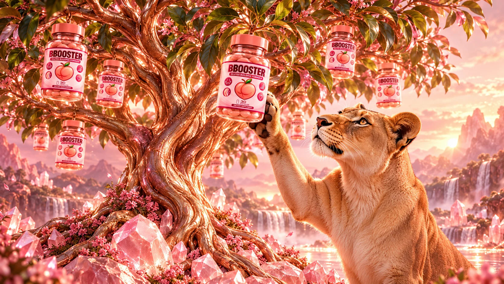 Lioness reaching for a BBOOSTER bottle growing on a leafy tree among rose crystals