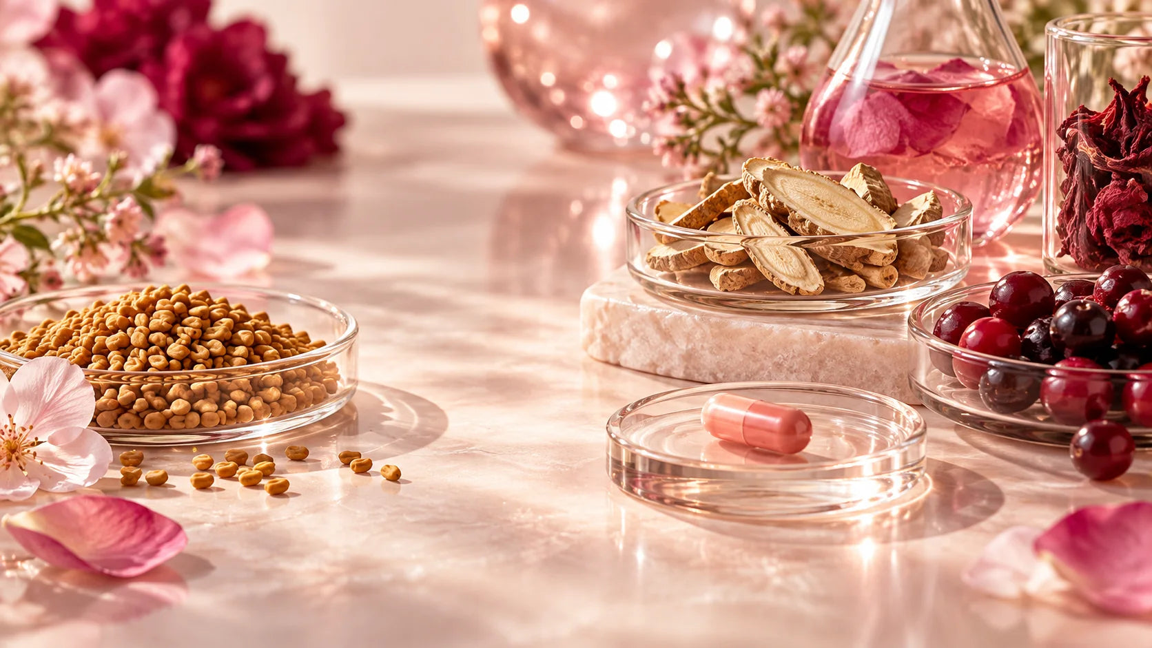 BBOOSTER botanical ingredients arranged around a coral capsule